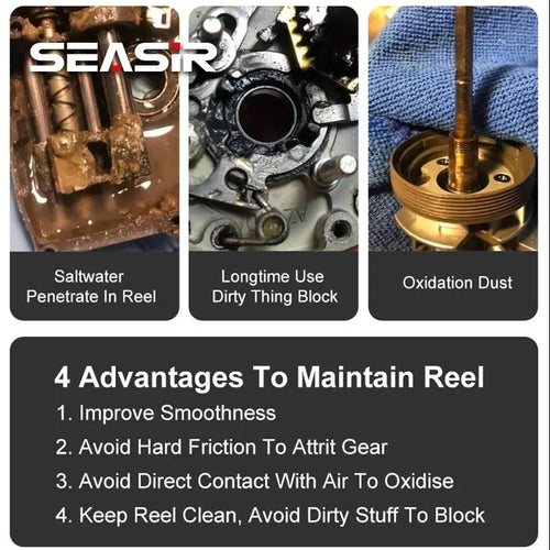 Fishing reel maintenance oil set shown with corrosion and lubrication application detail