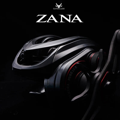 Baitcasting fishing reel with black and silver body, red accents and right-side handle