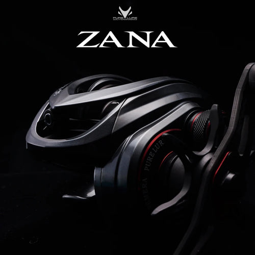 Baitcasting fishing reel with black and silver body, red accents and right-side handle
