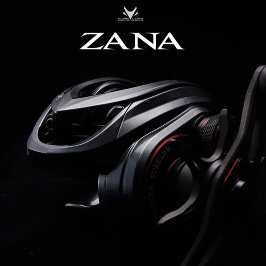 Baitcasting fishing reel with black and silver body, red accents and right-side handle