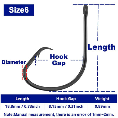 Black inline circle fishing hook, Size 6, barbed tip