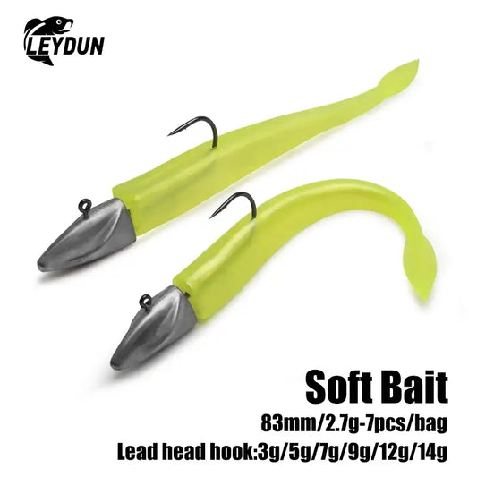 Lime green soft bait fishing lure with gray jig head hook, two-piece set