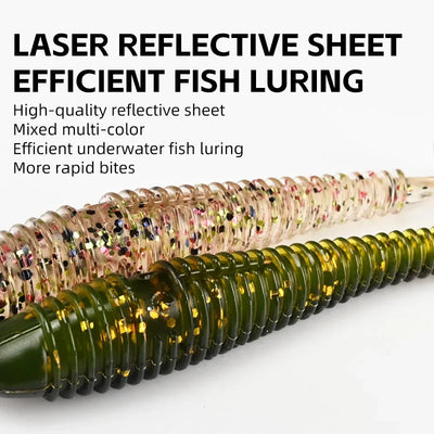 Soft fishing lures with metallic reflective sheen in olive and gold tones.
