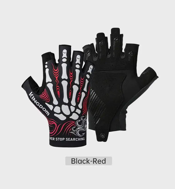 Half-finger fishing gloves in black with red skeleton pattern and textured knuckle areas