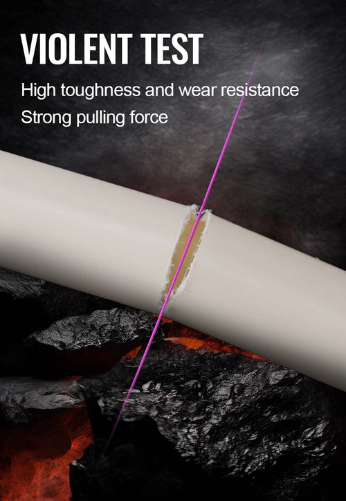 Multicolour braided fishing line with visible strand pattern on a line segment