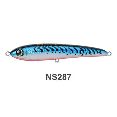 Floating stickbait fishing lure, blue back, silver belly, black stripe, metal side hooks