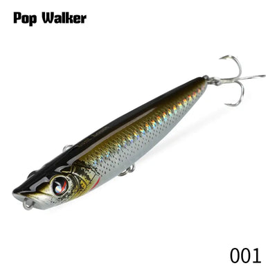 Single pop walker lure, dark green and gold with two treble hooks, color 001