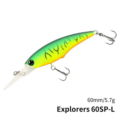 Suspending minnow lure, neon yellow-green body with black eye and silver lip, 60mm treble hooks.