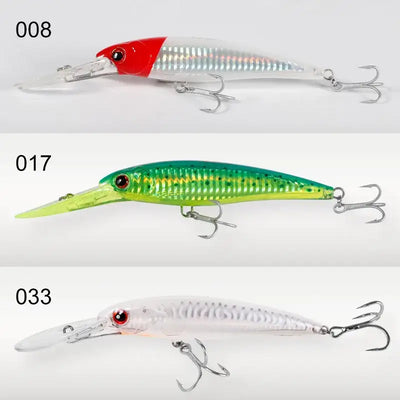 Saltwater trolling minnow wobbler set of three: red-white, chartreuse, and white