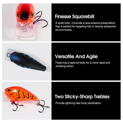 Set of squarebill crankbaits: red, blue, and orange with treble hooks