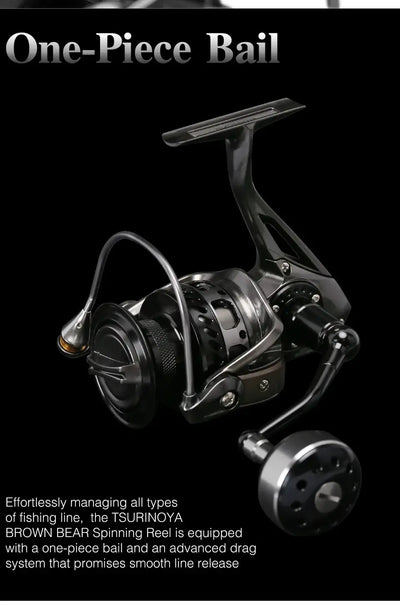 Black spinning reel with one-piece bail and front drag housing