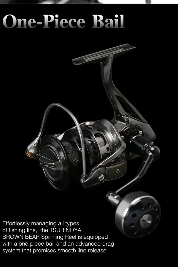 Black spinning reel with one-piece bail and front drag housing