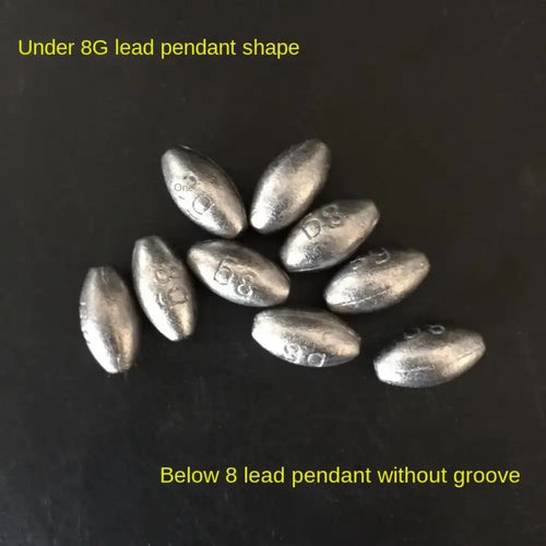 Olive hollow lead sinkers, teardrop weights showing grooved vs non-grooved ends
