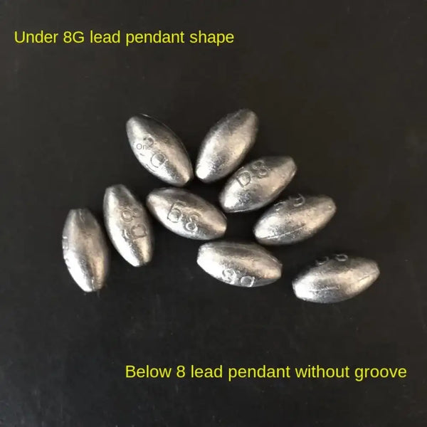 Olive hollow lead sinkers, teardrop weights showing grooved vs non-grooved ends