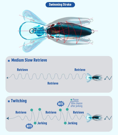 Crankbait swimming action diagram with internal cutaway and retrieve motion lines