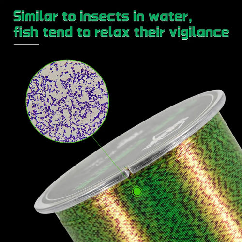 Speckled monofilament fishing line with green dye, coiled spool and speckle close-up
