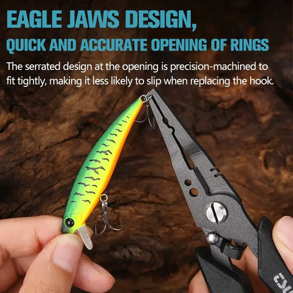 Fishing pliers with serrated ring-opening jaws, held near a small metal ring