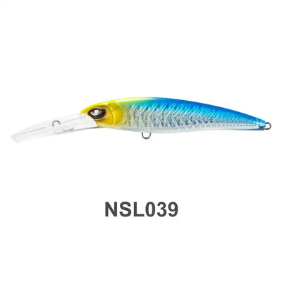 Deep diver trolling minnow lure, yellow head fading to blue with clear diving lip