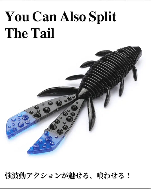 Black shrimp soft lure with ribbed body and split blue tail flaps