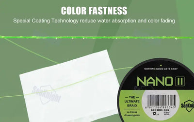 Coated fishing line with NANO II spool and white label, high-visibility green