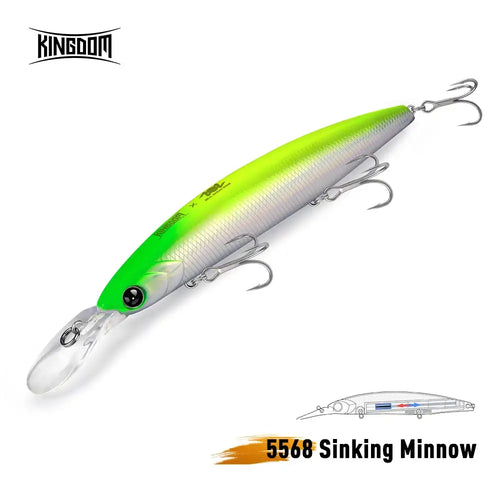 Green and silver sinking minnow fishing lure with three treble hooks, glossy finish