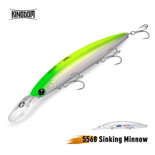 Green and silver sinking minnow fishing lure with three treble hooks, glossy finish