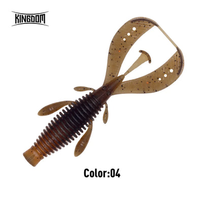 Soft shrimp fishing lure in brown with darker bands and white speckles, worm-style body