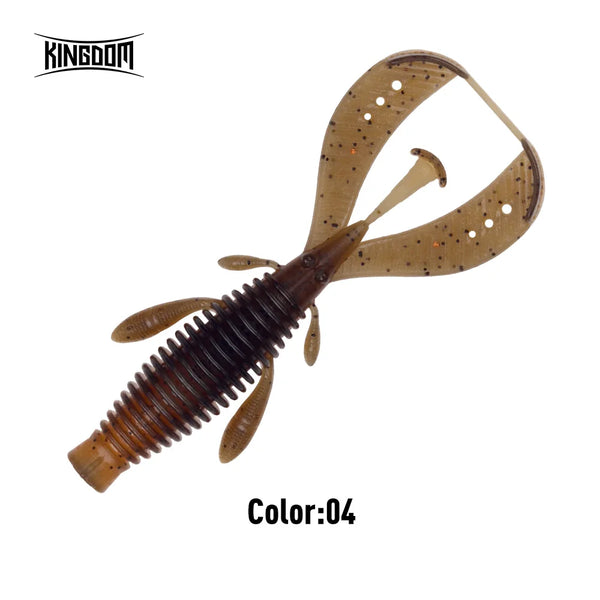 Soft shrimp fishing lure in brown with darker bands and white speckles, worm-style body