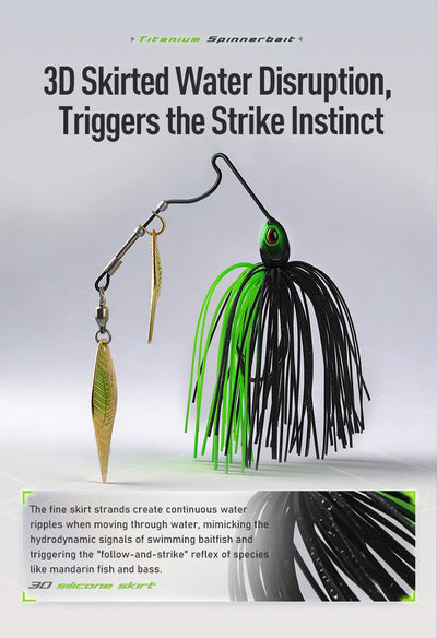 Spinnerbait lure with black-and-green skirt, gold spinner blade, and red-ringed eye.