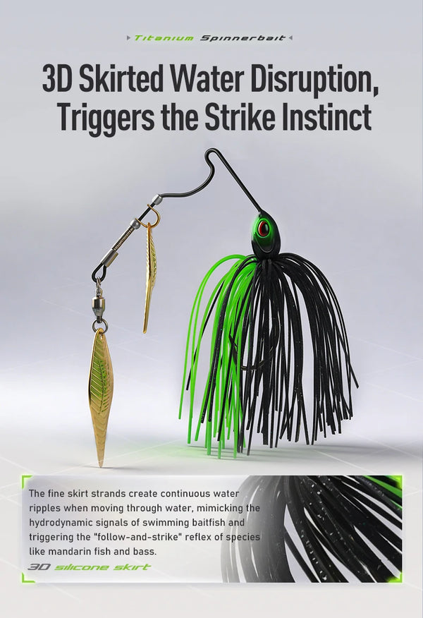Spinnerbait lure with black-and-green skirt, gold spinner blade, and red-ringed eye.