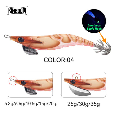 Peach-and-white squid jig lure with luminous squid hook and double tentacle hooks