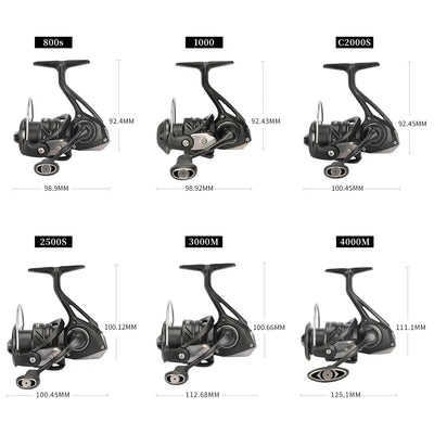 Spinning reel size diagram showing 800S, 1000, C2000S, 2500S, 3000M, 4000M