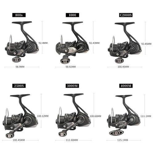 Spinning reel size diagram showing 800S, 1000, C2000S, 2500S, 3000M, 4000M