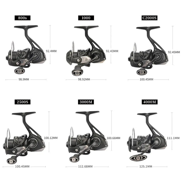 Spinning reel size diagram showing 800S, 1000, C2000S, 2500S, 3000M, 4000M
