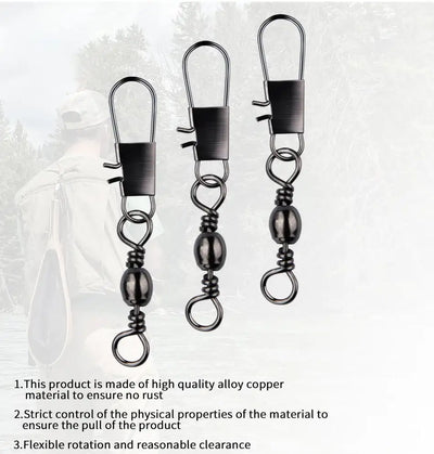 Three black nickel snap swivel fishing connectors with rolling swivel and snap clips