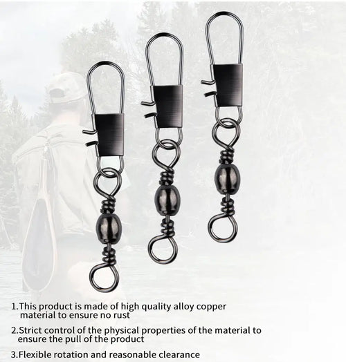 Three black nickel snap swivel fishing connectors with rolling swivel and snap clips