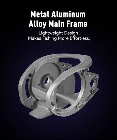 Silver aluminum alloy reel frame with circular cutout and mounting brackets