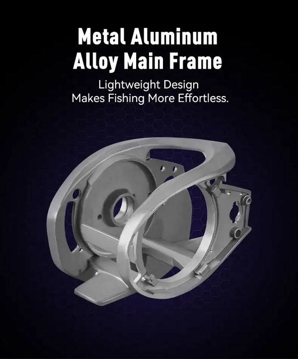 Silver aluminum alloy reel frame with circular cutout and mounting brackets