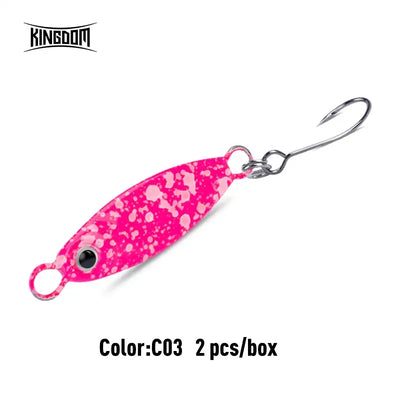 Pink micro metal jig lure with speckled finish, black eye, single hook