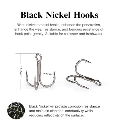 Black nickel treble fishing hooks, three-prong hook set in silver-gray finish