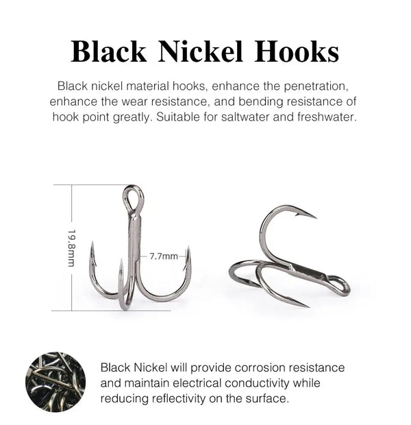 Black nickel treble fishing hooks, three-prong hook set in silver-gray finish