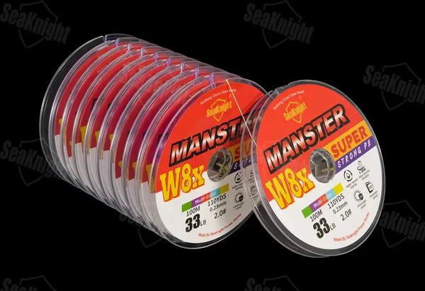 Two fishing line spools with multicolor rainbow strands, MANSTER W8x labels
