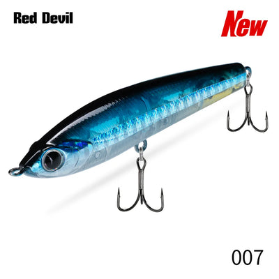 Topwater pencil fishing lure, blue metallic with multiple treble hooks.