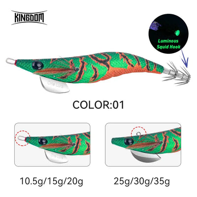 Green-orange striped squid jig lure with metal tentacle hooks; COLOR 01 shown