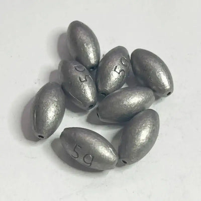 Olive hollow lead sinkers, dark gray metal, stamped numbers on teardrop weights