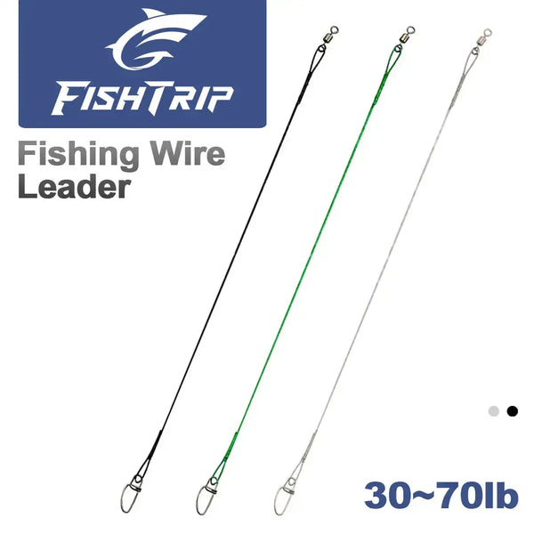 Steel fishing wire leaders with crosslock snaps and swivels, black, green, and silver (3-pack)
