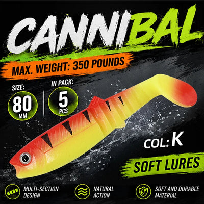 Meredith paddle tail swimbait set, 5-pack, 80mm: yellow-to-orange body with red paddle tail.