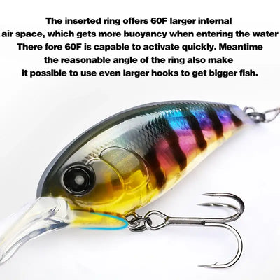 Floating crankbait lure, gold and purple tiger-striped body with 3 treble hooks.