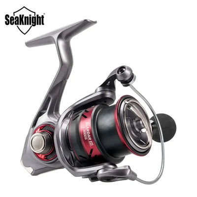 Side view of spinning reel with black spool housing and red SLARDAR label
