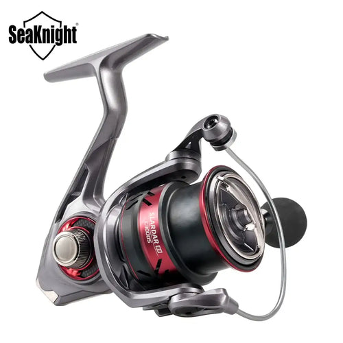 Side view of spinning reel with black spool housing and red SLARDAR label